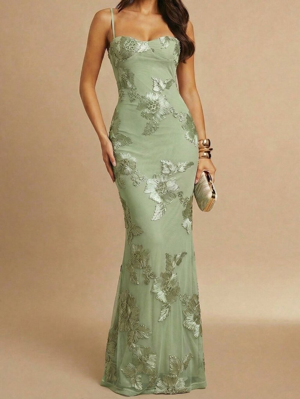 Mint Green Party Women's 3d Floral Sexy & Elegant Fish Tail Hem Slip Dress